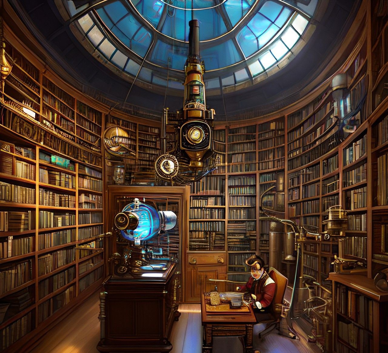 bibliothèque et outils scientifiques, steampunk